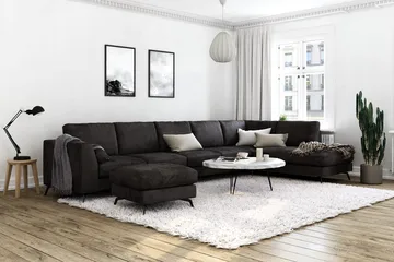 Ocean Lyx 6-sits Högervänd U-formad Soffa med Divan och Schäslong + Fotpall i Sammet - Mörkgrå - Products - Möbler - Soffa - U-soffa