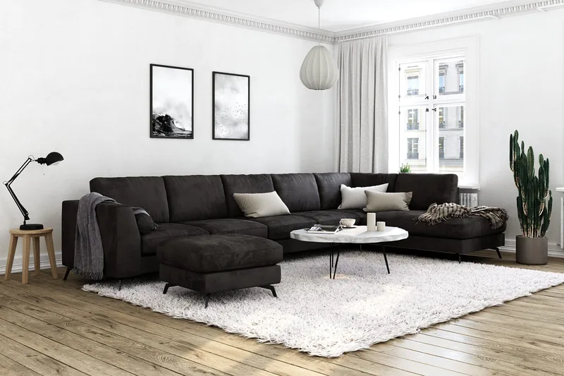 Ocean Lyx 6-sits Högervänd U-formad Soffa med Divan och Schäslong + Fotpall i Sammet - Mörkgrå - Products - Möbler - Soffa - U-soffa