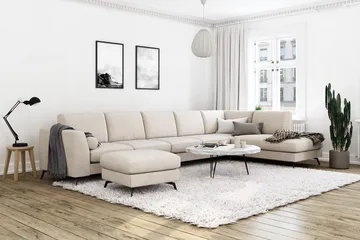 Ocean Lyx 6-sits Högervänd U-formad Soffa med Divan och Schäslong + Fotpall i Tyg - Beige - Products - Möbler - Soffa - U-soffa
