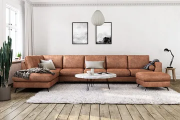 Ocean Lyx 6-sits Vänstervänd U-formad Soffa med Divan och Schäslong + Fotpall i Konstläder - Brun - Products - Möbler - Soffa - Divansoffa & schäslongsoffa