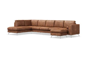 Ocean Lyx 6-sits Vänstervänd U-formad Soffa med Divan och Schäslong + Fotpall i Konstläder - Brun - Products - Möbler - Soffa - Divansoffa & schäslongsoffa