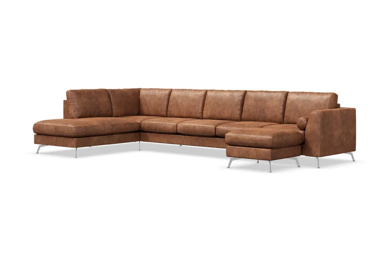 Ocean Lyx 6-sits Vänstervänd U-formad Soffa med Divan och Schäslong + Fotpall i Konstläder - Brun - Products - Möbler - Soffa - Divansoffa & schäslongsoffa