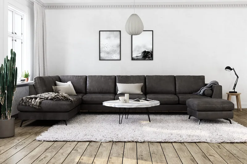 Ocean Lyx 6-sits Vänstervänd U-formad Soffa med Divan och Schäslong + Fotpall i Konstläder - Mörkgrå - Products - Möbler - Soffa - Divansoffa & schäslongsoffa