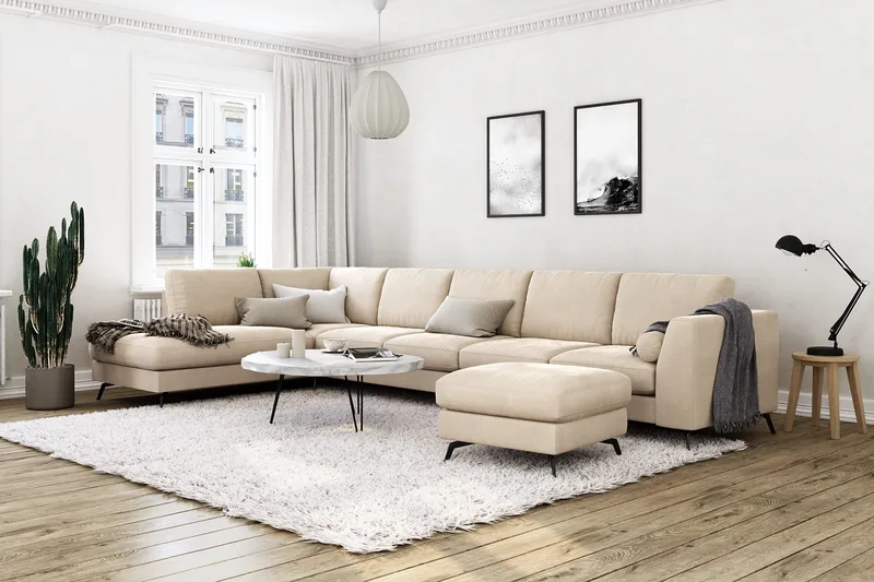 Ocean Lyx 6-sits Vänstervänd U-formad Soffa med Divan och Schäslong + Fotpall i Sammet - Beige - Products - Möbler - Soffa - Divansoffa & schäslongsoffa