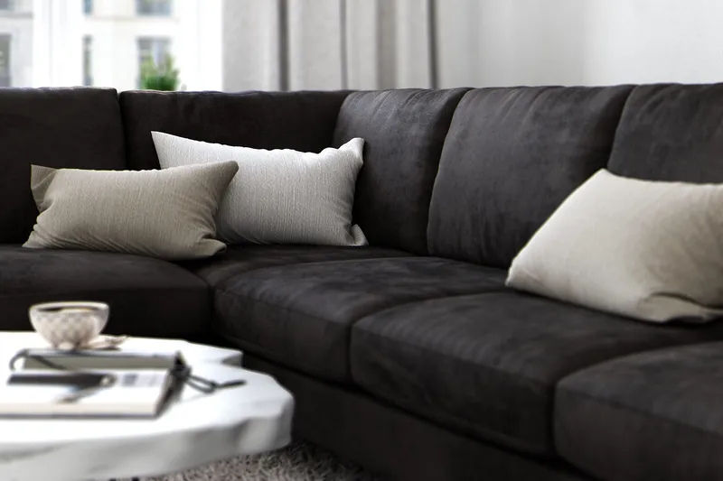 Ocean Lyx 6-sits Vänstervänd U-formad Soffa med Divan och Schäslong + Fotpall i Sammet - Mörkgrå - Products - Möbler - Soffa - Divansoffa & schäslongsoffa
