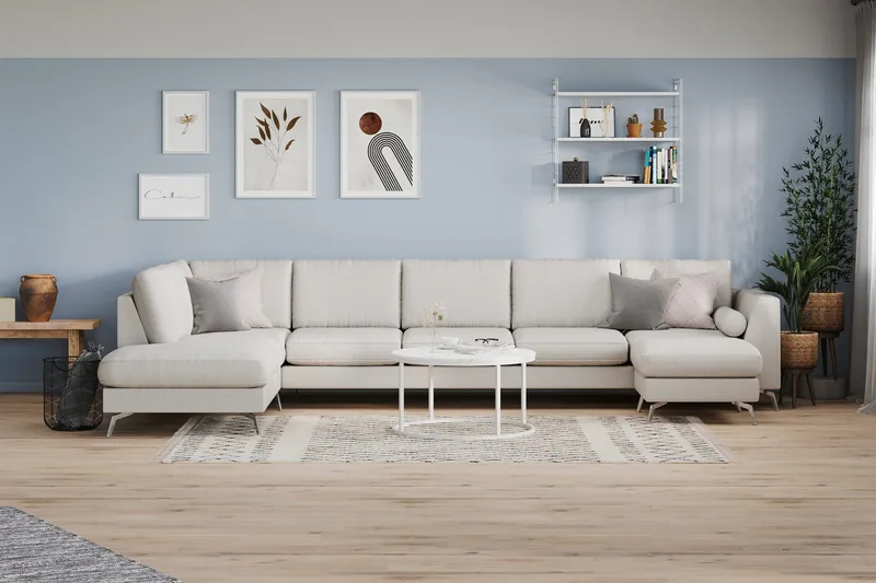 Ocean Lyx 6-sits Vänstervänd U-formad Soffa med Divan och Schäslong + Fotpall i Tyg - Ljusgrå - Products - Möbler - Soffa - U-soffa