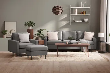 Peppe Soffgrupp 3-sits Soffa + Fåtölj + Fotpall i Tyg - Ljusgrå - Products - Möbler - Soffa - Soffgrupp