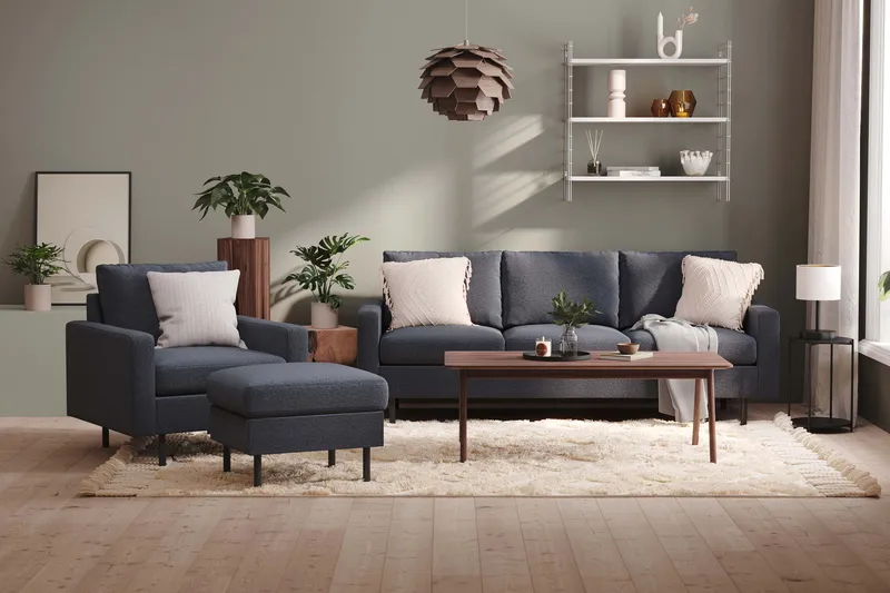 Peppe Soffgrupp 3-sits Soffa + Fåtölj + Fotpall i Tyg - Mörkgrå - Products - Möbler - Soffa - Soffgrupp
