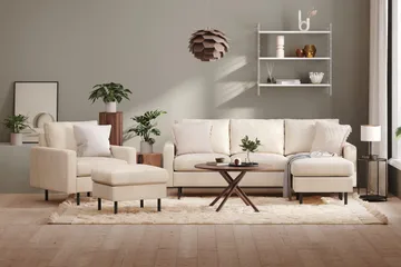 Peppe Soffgrupp 3-sits Vändbar L-formad Divansoffa + Fåtölj + Fotpall i Manchester - Beige - Products - Möbler - Soffa - Soffgrupp