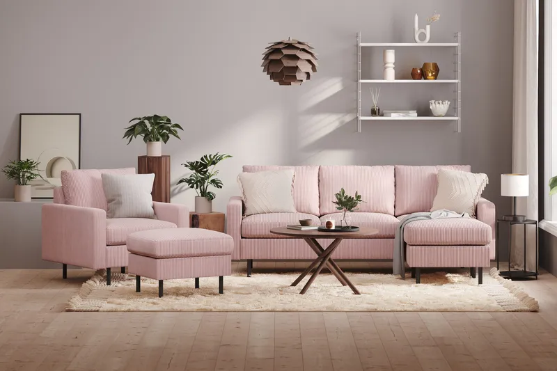 Peppe Soffgrupp 3-sits Vändbar L-formad Divansoffa + Fåtölj + Fotpall i Manchester - Rosa - Products - Möbler - Soffa - Soffgrupp
