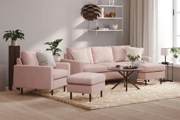 Peppe Soffgrupp 3-sits Vändbar L-formad Divansoffa + Fåtölj + Fotpall i Manchester - Rosa - Products - Möbler - Soffa - Soffgrupp