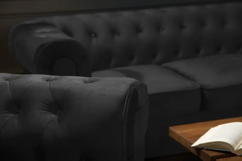 Chesterfield Lyx Modern Soffgrupp 3+2+1 i Sammet - Svart - Products - Möbler - Soffa - Soffgrupp - Chesterfield soffgrupp