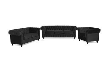 Chesterfield Lyx Modern Soffgrupp 3+2+1 i Sammet - Svart - Products - Möbler - Soffa - Soffgrupp - Chesterfield soffgrupp