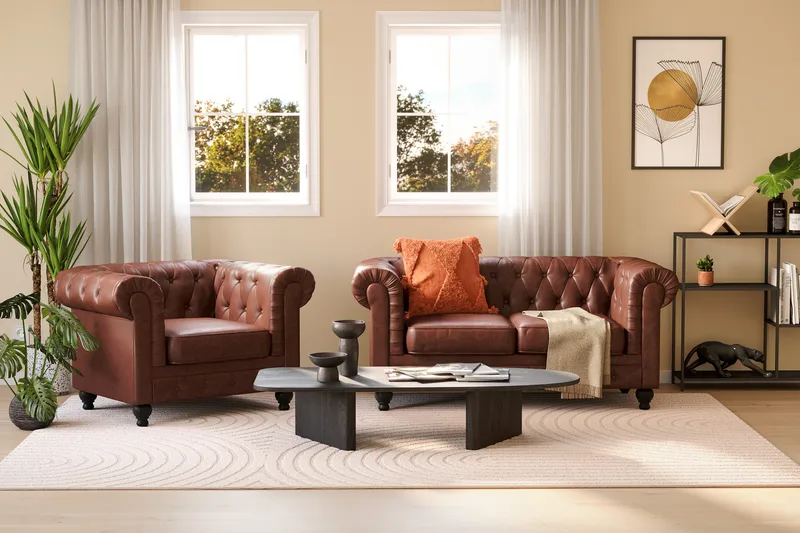 Chesterfield Lyx Soffgrupp 2-sits+Fåtölj - Brun - Products - Möbler - Soffa - Soffgrupp - Chesterfield soffgrupp