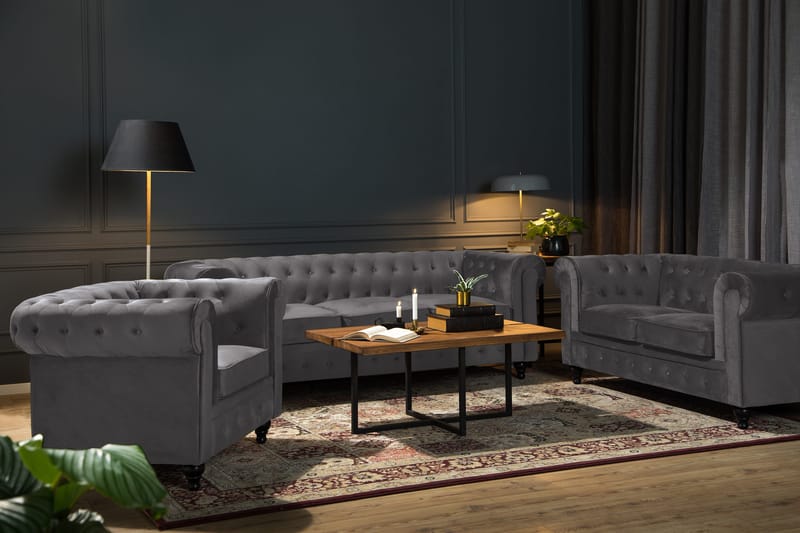 Chesterfield Lyx Soffgrupp 2-sits+Fåtölj Sammet - Grå - Products - Möbler - Soffa - Soffgrupp - Chesterfield soffgrupp