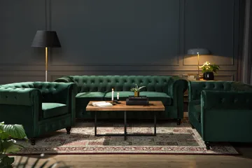 Chesterfield Lyx Soffgrupp 2-sits+Fåtölj Sammet - Grön - Products - Möbler - Soffa - Soffgrupp - Chesterfield soffgrupp