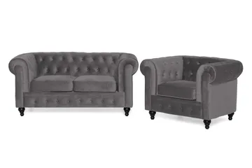 Chesterfield Lyx Soffgrupp 2-sits+Fåtölj Sammet - Mörkgrå - Products - Möbler - Soffa - Soffgrupp - Chesterfield soffgrupp