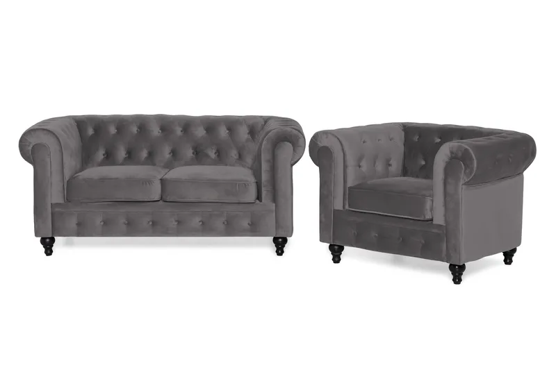Chesterfield Lyx Soffgrupp 2-sits+Fåtölj Sammet - Mörkgrå - Products - Möbler - Soffa - Soffgrupp - Chesterfield soffgrupp