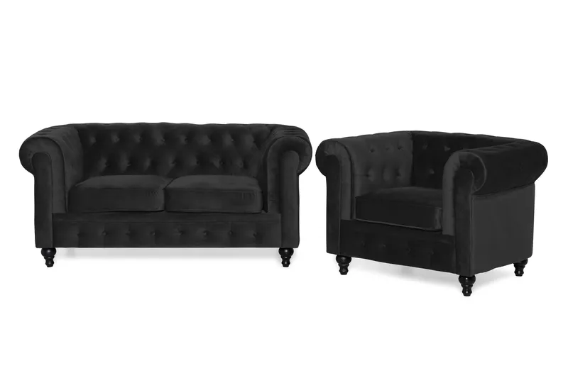 Chesterfield Lyx Soffgrupp 2-sits+Fåtölj Sammet - Svart - Products - Möbler - Soffa - Soffgrupp - Chesterfield soffgrupp