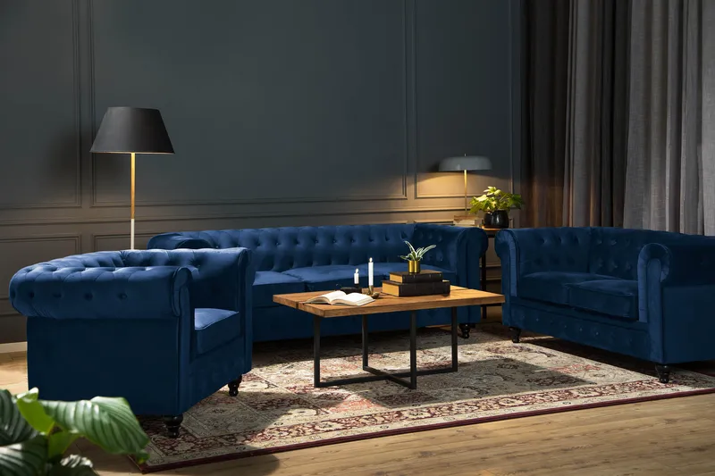 Chesterfield Lyx Soffgrupp 3+2+1 i Sammet - Blå - Products - Möbler - Soffa - Soffgrupp - Chesterfield soffgrupp