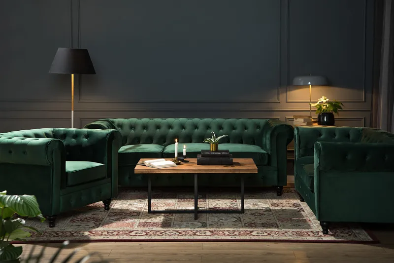 Chesterfield Lyx Soffgrupp 3+2+1 i Sammet - Grön - Products - Möbler - Soffa - Soffgrupp - Chesterfield soffgrupp