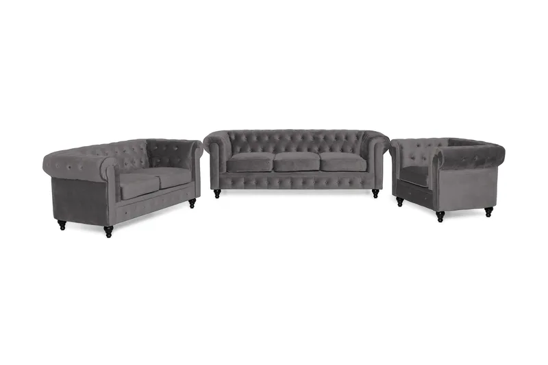 Chesterfield Lyx Soffgrupp 3+2+1 i Sammet - Mörkgrå / Grå - Products - Möbler - Soffa - Soffgrupp - Chesterfield soffgrupp