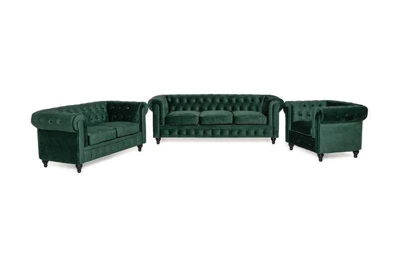 Chesterfield Lyx Soffgrupp 3+2+1 i Sammet - Mörkgrön / Grön - Products - Möbler - Soffa - Soffgrupp - Chesterfield soffgrupp