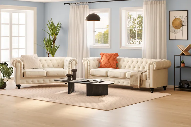 Chesterfield Lyx Soffgrupp 3-sits + 2-sits - Beige - Products - Möbler - Soffa - Soffgrupp - Chesterfield soffgrupp