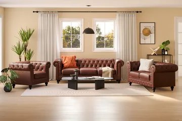 Chesterfield Lyx Soffgrupp 3-sits+2-sits+Fåtölj - Brun - Products - Möbler - Soffa - Soffgrupp - Chesterfield soffgrupp