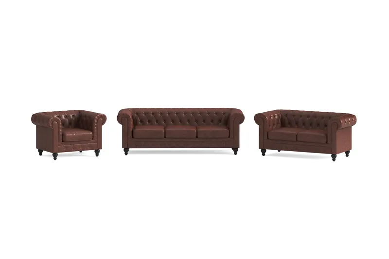 Chesterfield Lyx Soffgrupp 3-sits+2-sits+Fåtölj - Brun - Products - Möbler - Soffa - Soffgrupp - Chesterfield soffgrupp