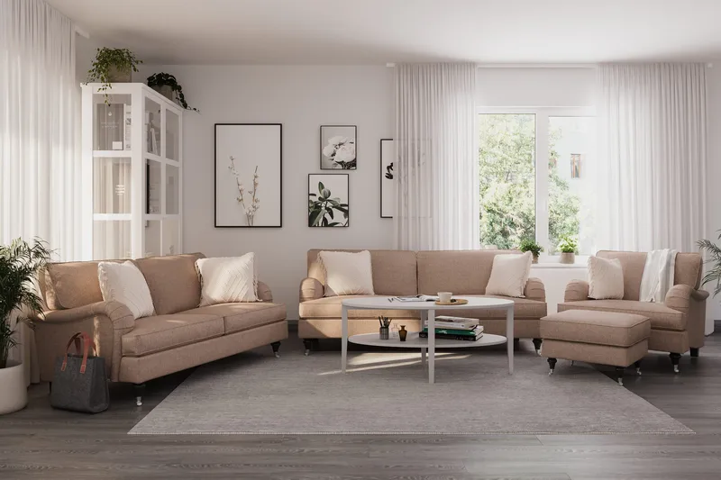 Howard Classic Soffgrupp 3-sits + 2-sits Soffa + Fåtölj i Tyg - Mörkbeige - Products - Möbler - Soffa - Soffgrupp - Howard soffgrupp