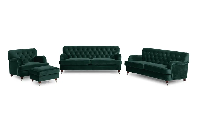 Howard Riviera Soffgrupp 3-sits + 2-sits Soffa + Fåtölj + Fotpall i Sammet - Grön - Products - Möbler - Soffa - Soffgrupp - Howard soffgrupp