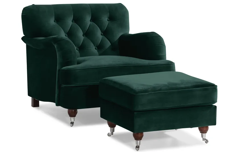 Howard Riviera Soffgrupp 3-sits + 2-sits Soffa + Fåtölj + Fotpall i Sammet - Grön - Products - Möbler - Soffa - Soffgrupp - Howard soffgrupp