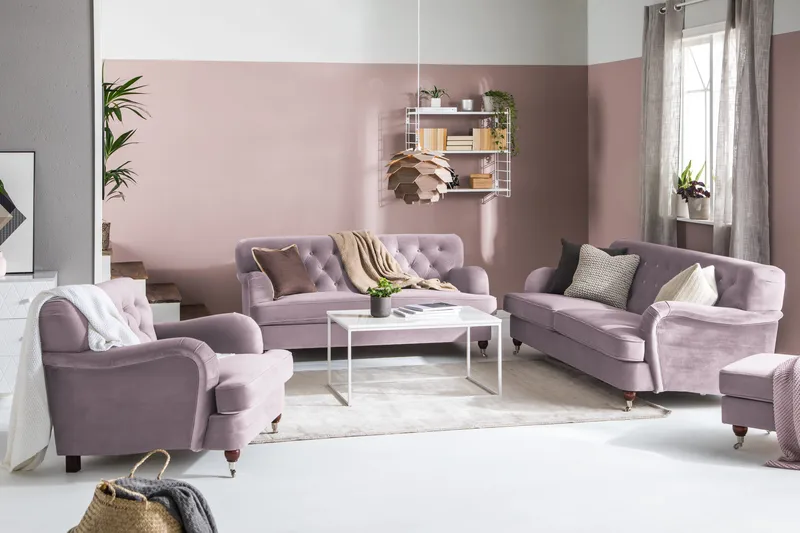 Howard Riviera Soffgrupp 3-sits + 2-sits Soffa + Fåtölj + Fotpall i Sammet - Lila - Products - Möbler - Soffa - Soffgrupp - Howard soffgrupp