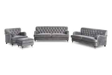 Howard Riviera Soffgrupp 3-sits + 2-sits Soffa + Fåtölj + Fotpall i Sammet - Ljusgrå - Products - Möbler - Soffa - Soffgrupp - Howard soffgrupp