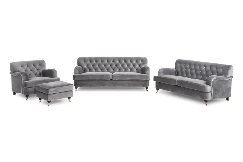 Howard Riviera Soffgrupp 3-sits + 2-sits Soffa + Fåtölj + Fotpall i Sammet - Ljusgrå - Products - Möbler - Soffa - Soffgrupp - Howard soffgrupp