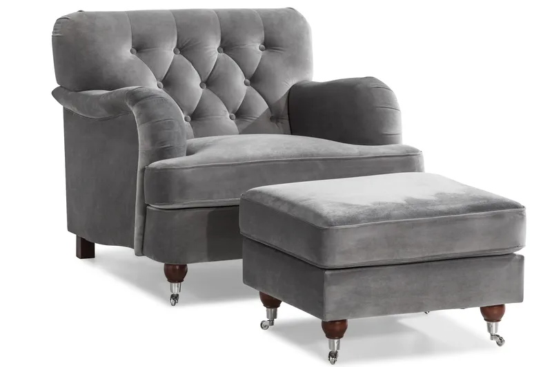 Howard Riviera Soffgrupp 3-sits + 2-sits Soffa + Fåtölj + Fotpall i Sammet - Ljusgrå - Products - Möbler - Soffa - Soffgrupp - Howard soffgrupp