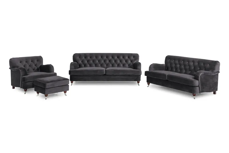 Howard Riviera Soffgrupp 3-sits + 2-sits Soffa + Fåtölj + Fotpall i Sammet - Mörkgrå - Products - Möbler - Soffa - Soffgrupp - Howard soffgrupp
