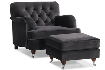 Howard Riviera Soffgrupp 3-sits + 2-sits Soffa + Fåtölj + Fotpall i Sammet - Mörkgrå - Products - Möbler - Soffa - Soffgrupp - Howard soffgrupp