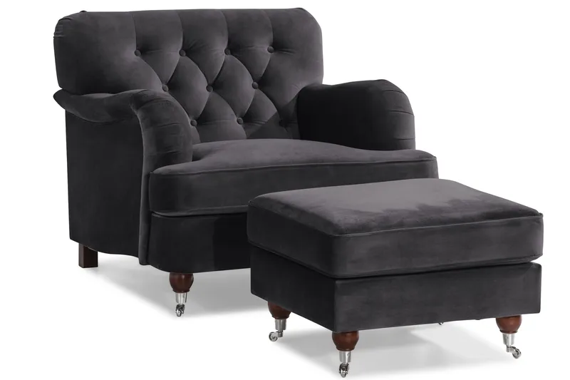 Howard Riviera Soffgrupp 3-sits + 2-sits Soffa + Fåtölj + Fotpall i Sammet - Mörkgrå - Products - Möbler - Soffa - Soffgrupp - Howard soffgrupp