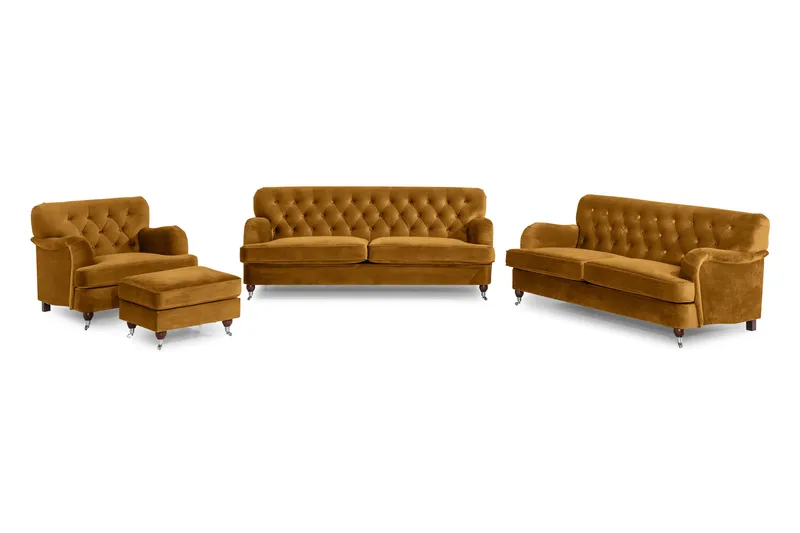Howard Riviera Soffgrupp 3-sits + 2-sits Soffa + Fåtölj + Fotpall i Sammet - Mörkgul - Products - Möbler - Soffa - Soffgrupp - Howard soffgrupp