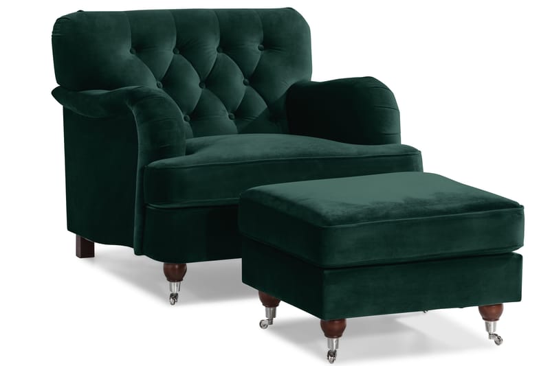 Howard Riviera Soffgrupp Svängd 3-sits + 2-sits Soffa + Fåtölj + Fotpall i Sammet - Grön - Products - Möbler - Soffa - Soffgrupp - Howard soffgrupp