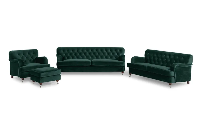Howard Riviera Soffgrupp Svängd 3-sits + 2-sits Soffa + Fåtölj + Fotpall i Sammet - Grön - Products - Möbler - Soffa - Soffgrupp - Howard soffgrupp