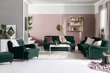 Howard Riviera Soffgrupp Svängd 3-sits + 2-sits Soffa + Fåtölj + Fotpall i Sammet - Grön - Products - Möbler - Soffa - Soffgrupp - Howard soffgrupp