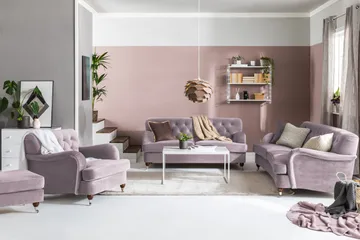 Howard Riviera Soffgrupp Svängd 3-sits + 2-sits Soffa + Fåtölj + Fotpall i Sammet - Lila - Products - Möbler - Soffa - Soffgrupp - Howard soffgrupp
