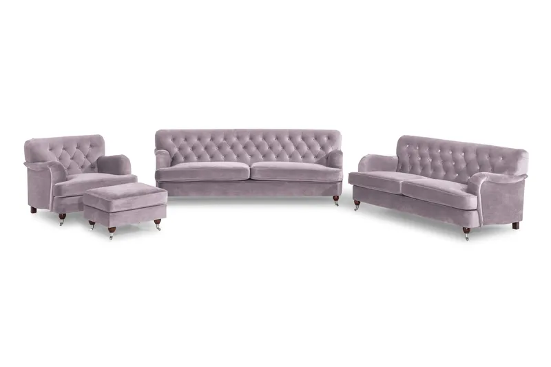 Howard Riviera Soffgrupp Svängd 3-sits + 2-sits Soffa + Fåtölj + Fotpall i Sammet - Lila - Products - Möbler - Soffa - Soffgrupp - Howard soffgrupp