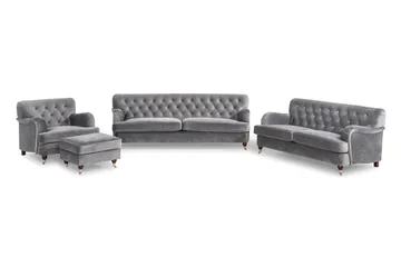 Howard Riviera Soffgrupp Svängd 3-sits + 2-sits Soffa + Fåtölj + Fotpall i Sammet - Ljusgrå - Products - Möbler - Soffa - Soffgrupp - Howard soffgrupp