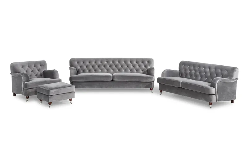 Howard Riviera Soffgrupp Svängd 3-sits + 2-sits Soffa + Fåtölj + Fotpall i Sammet - Ljusgrå - Products - Möbler - Soffa - Soffgrupp - Howard soffgrupp