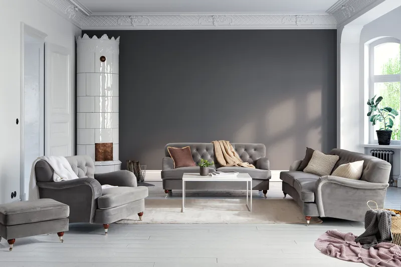 Howard Riviera Soffgrupp Svängd 3-sits + 2-sits Soffa + Fåtölj + Fotpall i Sammet - Ljusgrå - Products - Möbler - Soffa - Soffgrupp - Howard soffgrupp