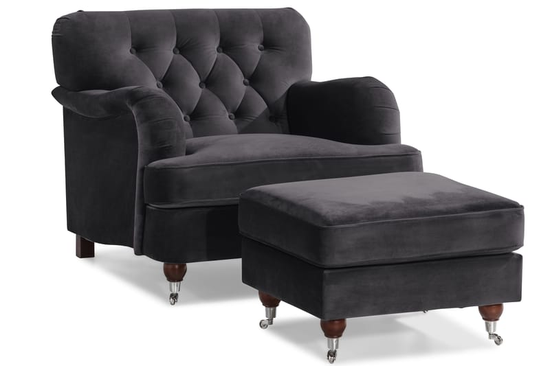 Howard Riviera Soffgrupp Svängd 3-sits + 2-sits Soffa + Fåtölj + Fotpall i Sammet - Mörkgrå - Products - Möbler - Soffa - Soffgrupp - Howard soffgrupp